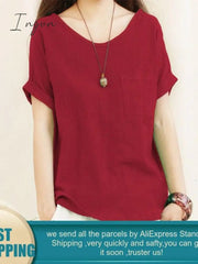 Ingvn - Green Loose Cotton Linen Blouse Oversize 5XL Blouses Women 2023 Summer Shirts Casual Short Sleeve O Neck Solid Shirt Lady Tops