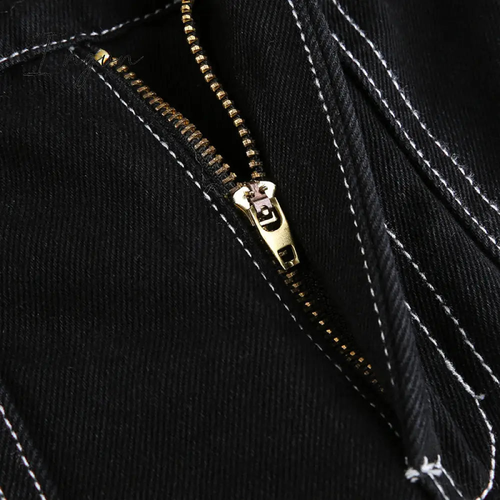 Ingvn - Womens Fashion Trends Pockets Patchwork Baggy Jeans Fashion Streetwear 100% Cotton Women Denim Trouser Loose Cargo Pants Korean Jeans Harajuku