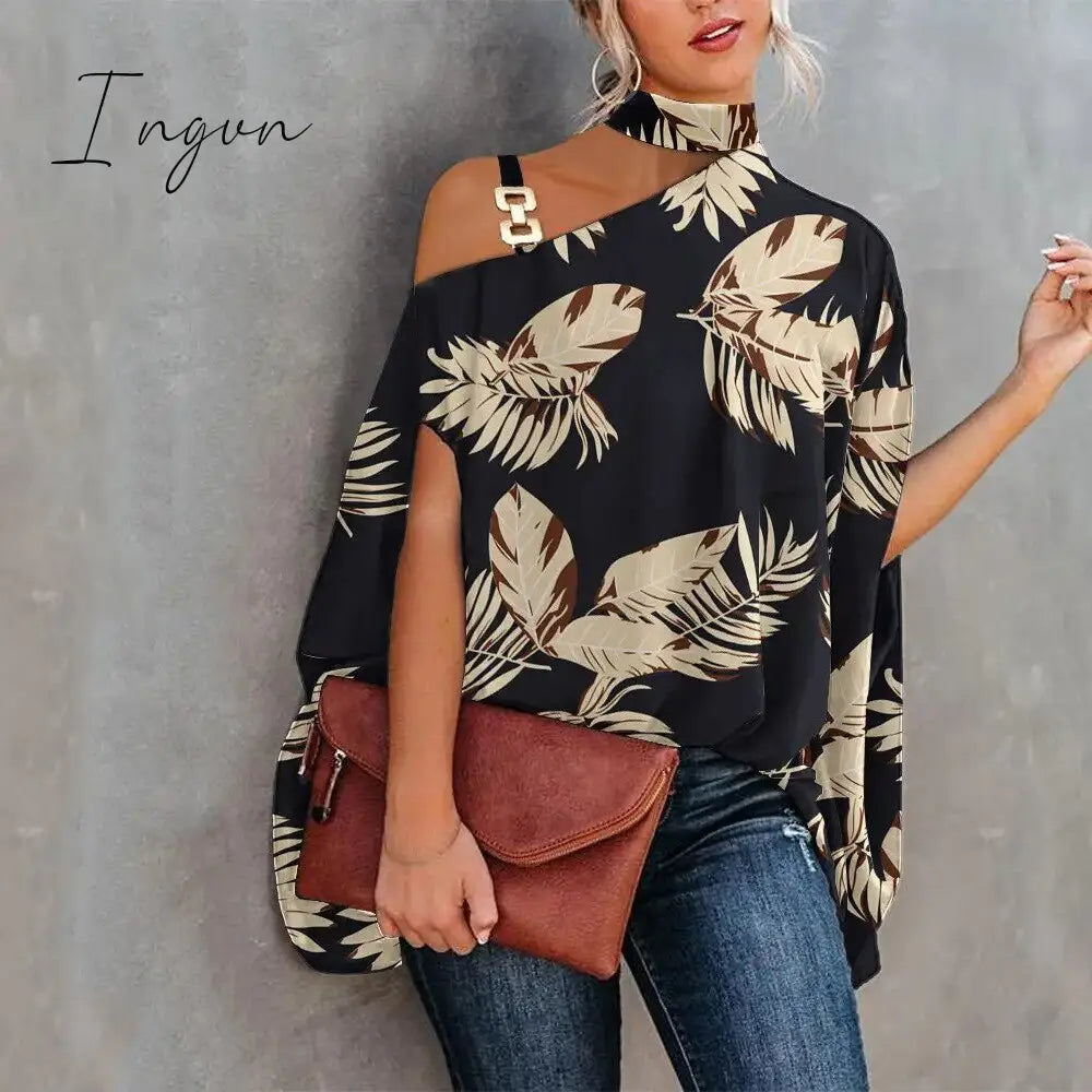Ingvn - Women Metal Halter Hollow Out Print Top Patchwork Short Sleeve Loose Summer Blouse Femme Fashion Pullovers Casual Youth New