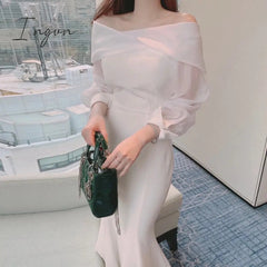 Ingvn - Korean chic spring elegant temperament twisted one-line collar sling off shoulder bubble sleeve long fishtail dress women