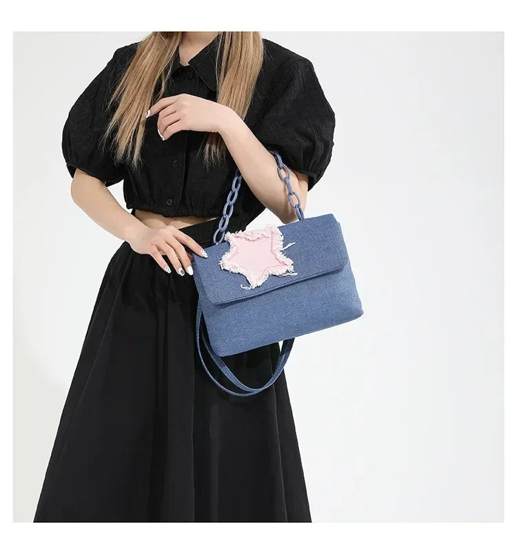 Ingvn  Sweet Pink Star Women's Denim Shoulder Bag Chain Handle Ladies Clutch Crossbody Bags Simple Hot Girls Square Tote Purse Handbags