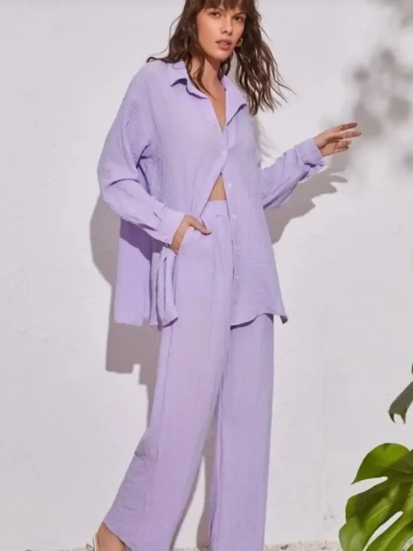 Button Up Long Sleeve Shirt and Pants Set