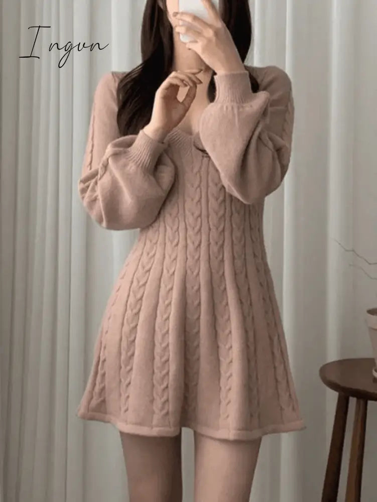 Ingvn - V Neck Cable Knit Long Sleeve Mini Dress