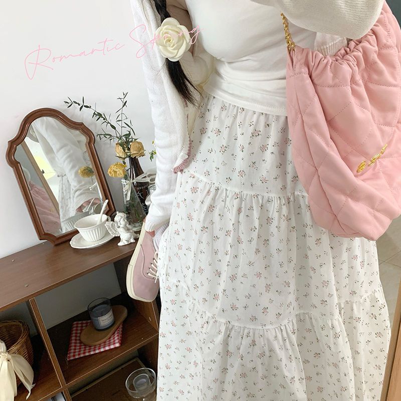 Pphmm 90s fashion Young-Looking Wooden Ear Small Fresh Floral Skirt Women's Japanese Soft Girl Niche Super Sweet Stitching Cake Dress