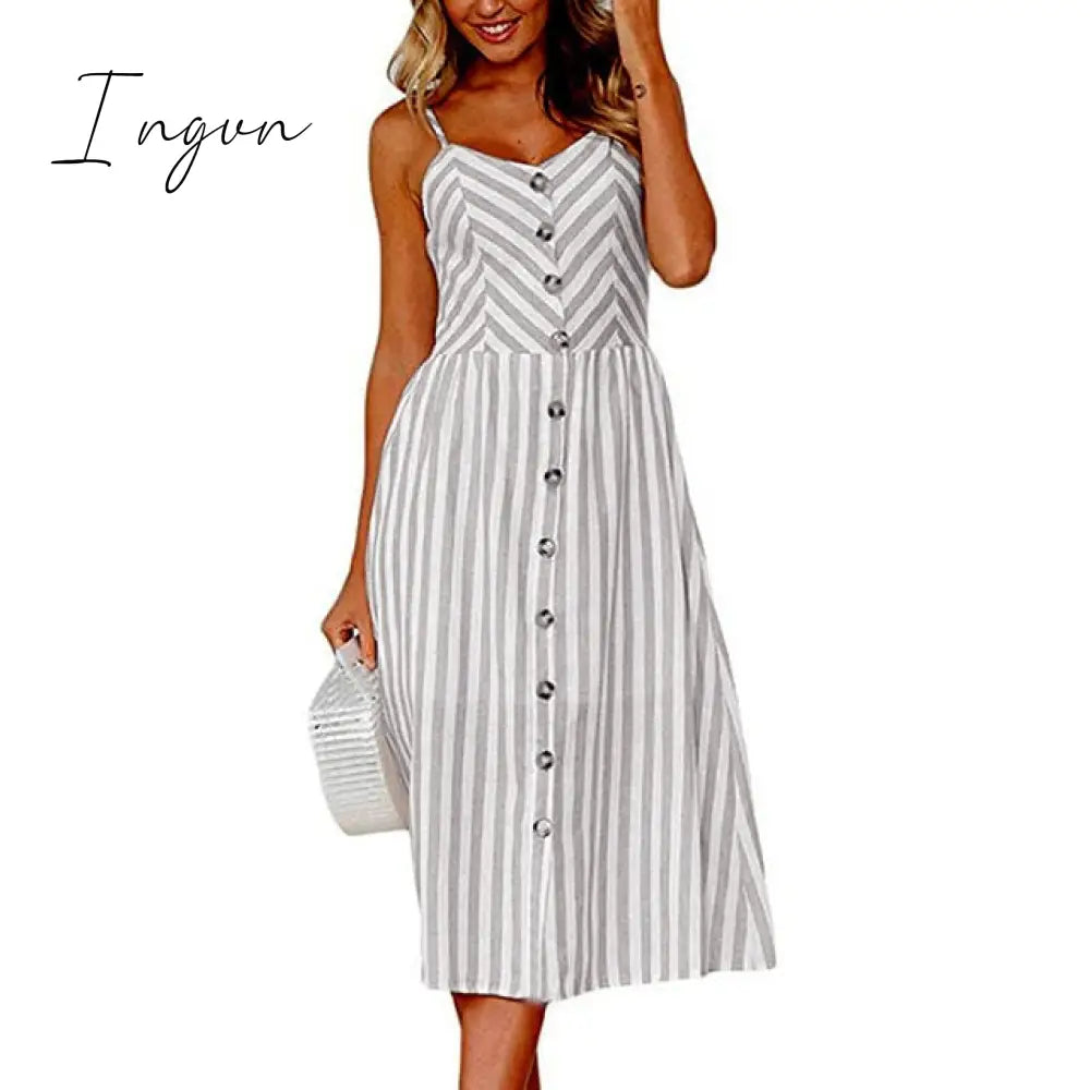 Ingvn - Vintage Casual Sundress Female Beach Dress Midi Button Backless Polka Dot Striped Women Dress Summer Boho Sexy Floral Dress