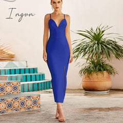 Ingvn - New Summer Women White Bodycon Bandage Dress Sexy V Neck Spaghetti Strap Club Celebrity Evening Runway Party Maxi Dresses