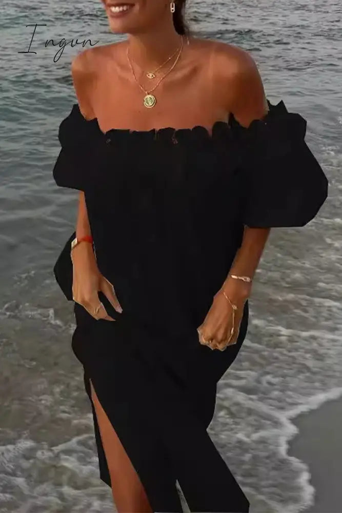 Ingvn - Sexy Solid Slit Fold Off the Shoulder Beach Dresses