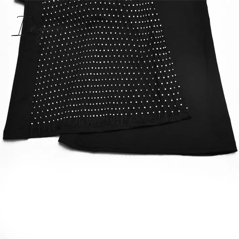 Ingvn - Patchwork Diamond Fishnet Bodycon Women Jumpsuit Black One Shoulder Long Sleeve Jumpsuit Lady Sexy Evening Party Clothes