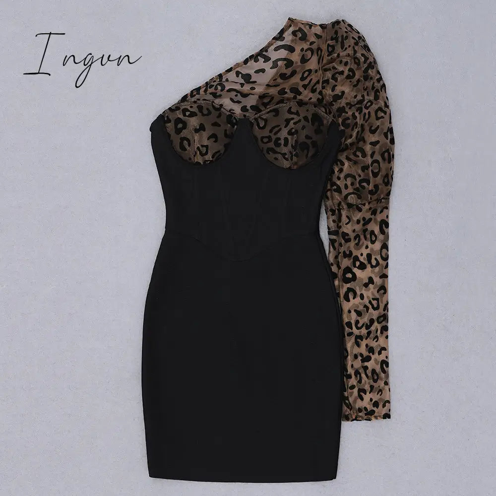 Ingvn - Sexy One-shoulder Leopard Print Women Dress Patchwork Mesh Backless Bandage Dress Women Summer Slim Party Clubwear