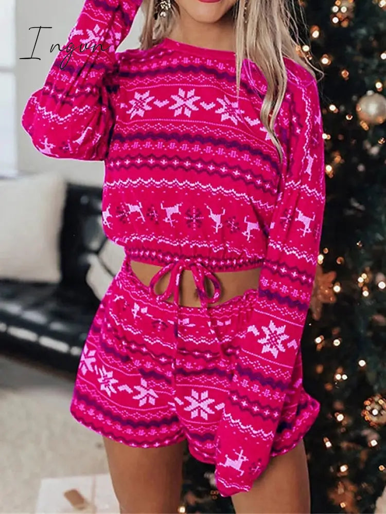 Ingvn - Women's Loungewear Sets Stripe Snowflake Casual Comfort Home Christmas Daily Polyester Breathable Crew Neck Long Sleeve Shorts Spring Fall Wine Red