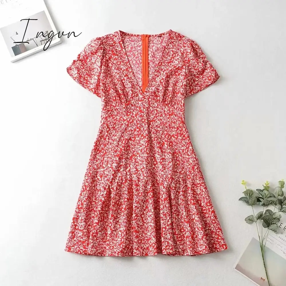 Ingvn - Fashion Foridol Blue Floral Print Summer Beach Dress Women Casual Holiday Short Sleeve Dress Boho Sundress Vestidos Fashion Clothes