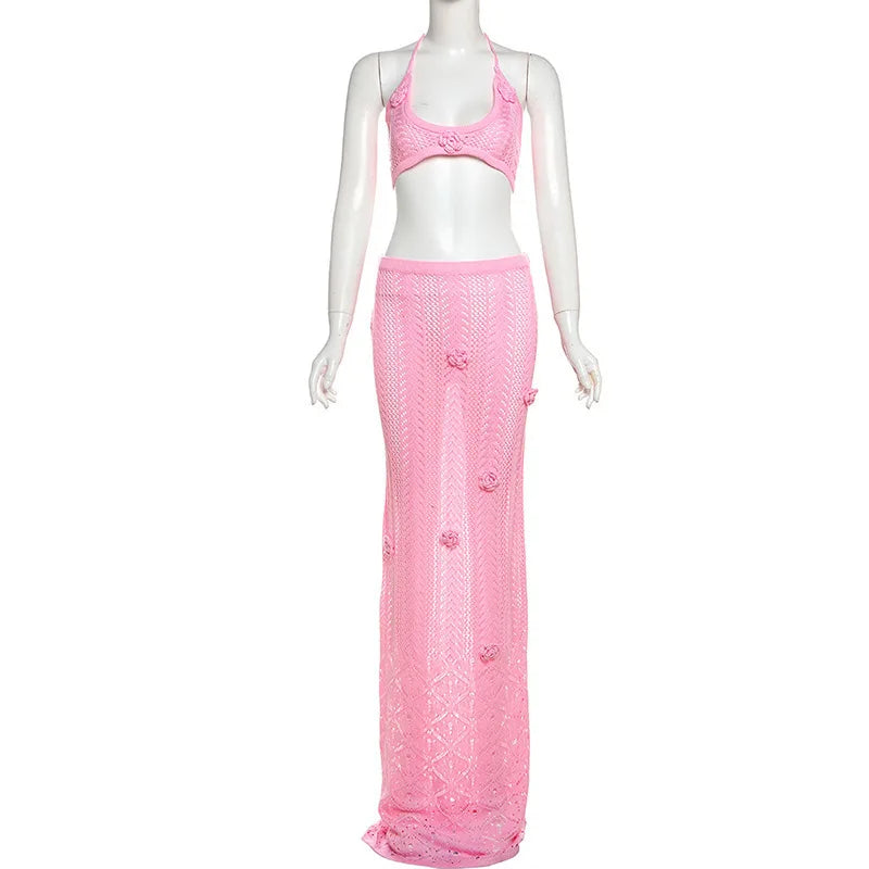 Knit Flower Lace-up Skirt Two Pieces Sets For Women Patchwork Pink Crop Tops And Slim Fit Long Skirt Two Pieces Sets