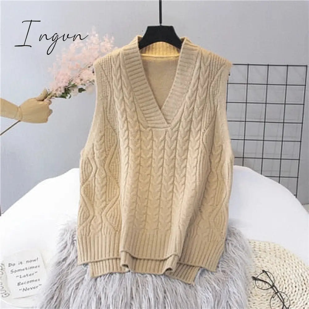 Ingvn - Autumn Women's Sweater Vest V-neck Sleeveless Irregular Casual Loose Knitted Pullover Tops Female Outerwear