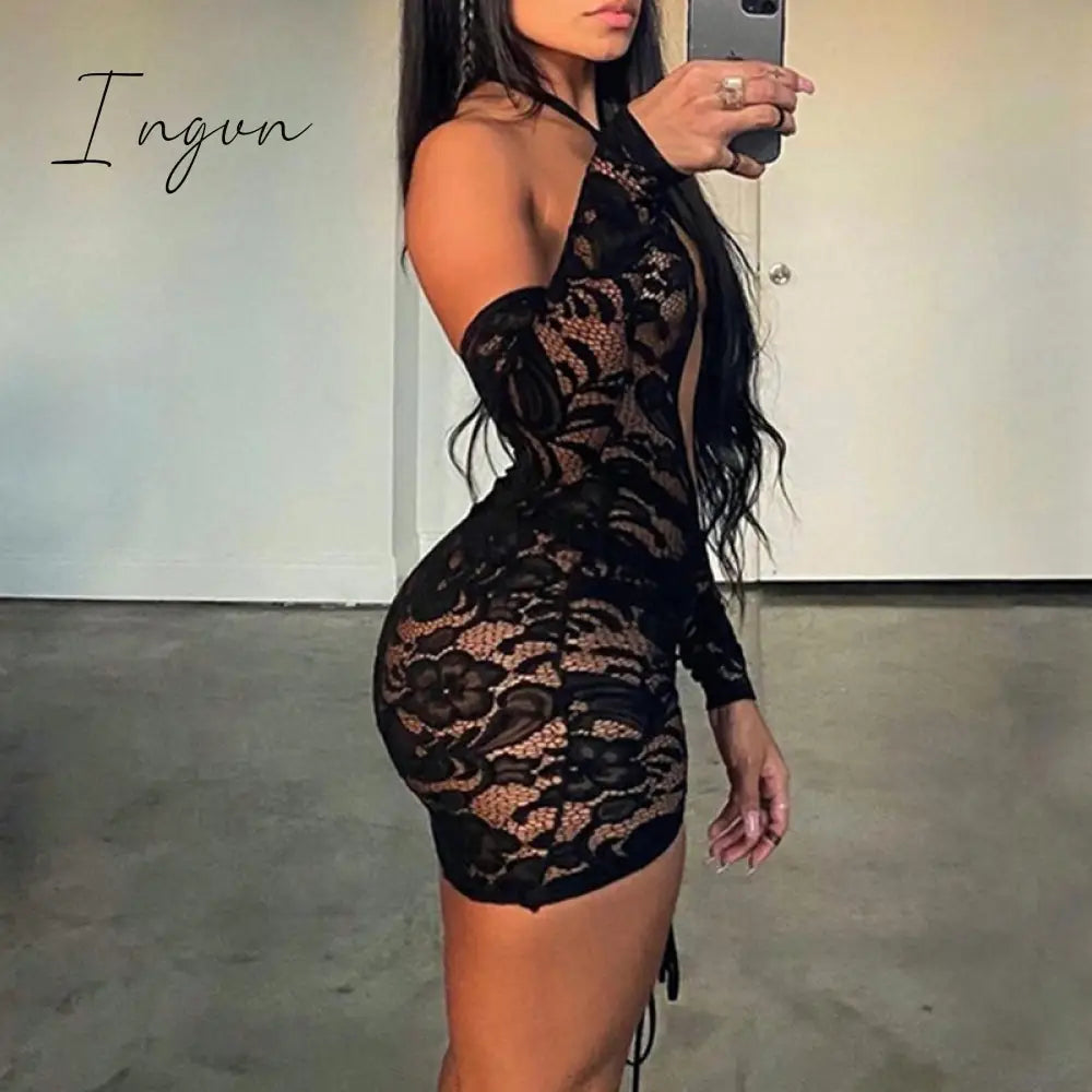 Ingvn - Tassel Stitching Sexy Dress For Women Evening Clubbing Party Square Collar Halter Hollow Out Backless Lace Mini Dress