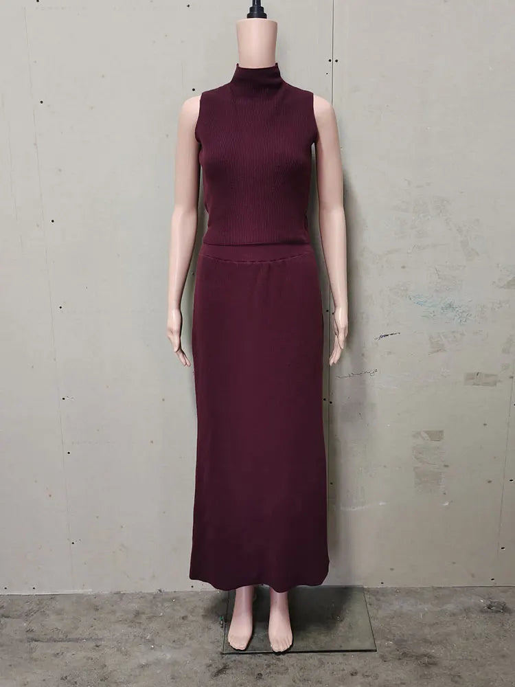 Elegant Knitwear 2 Piece-Set Long Dress Female Ribbed Sweater Pullover And Loose Patchwork Maxi Skirt Sets Ladies Outfits