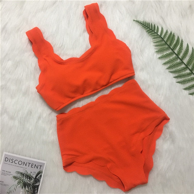 Voguable New Women Swimsuit Scalloped High Waist Bikini Set Solid Two Pieces Plus Size Swimwear Biquini Tankini