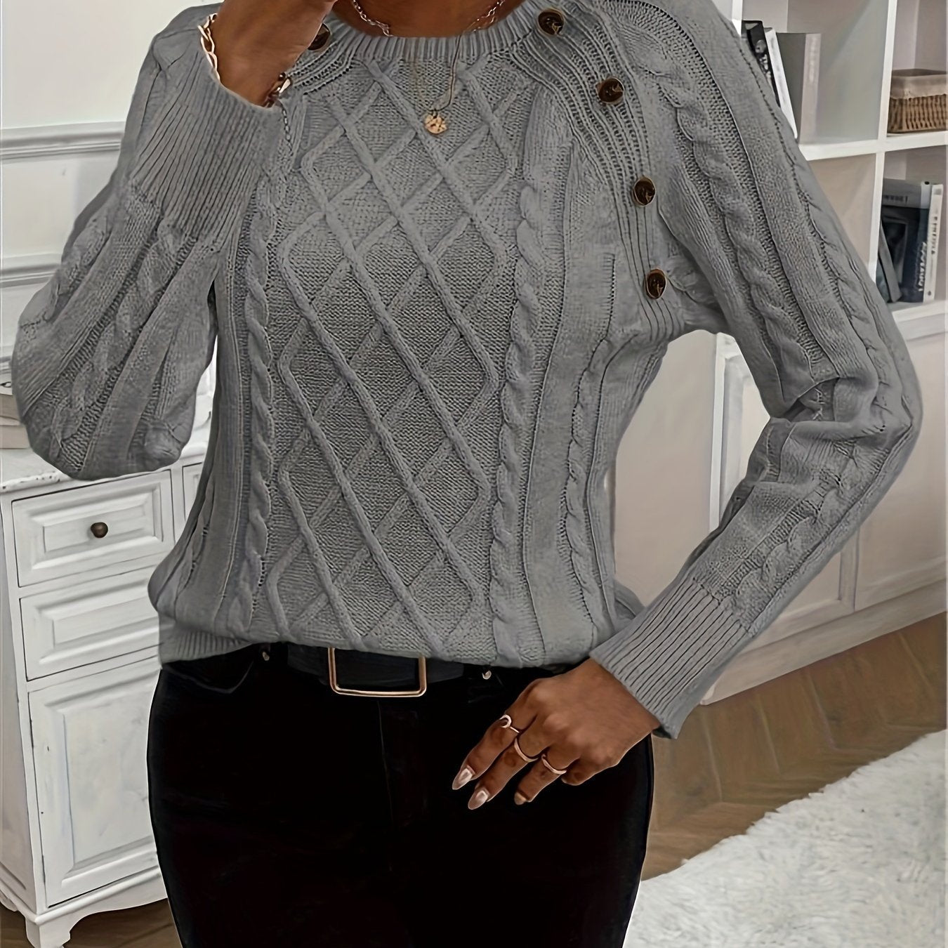 Solid Cable Knit Sweater, Casual Crew Neck Long Sleeve Sweater, Women's Clothing