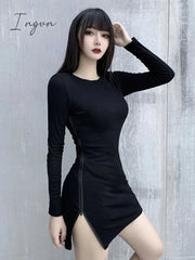 Ingvn - European and American Sexy Women's Black White Collar Long Sleeve Zipper Tight Mini Short Dress