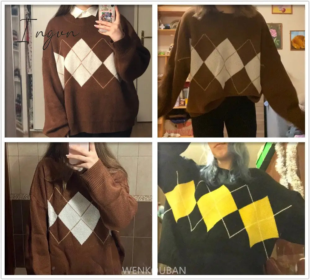 Ingvn - Women Knitted Sweater Fashion Oversized Pullovers Ladies Winter Loose Sweater Korean College Style Women Jumper Sueter Mujer