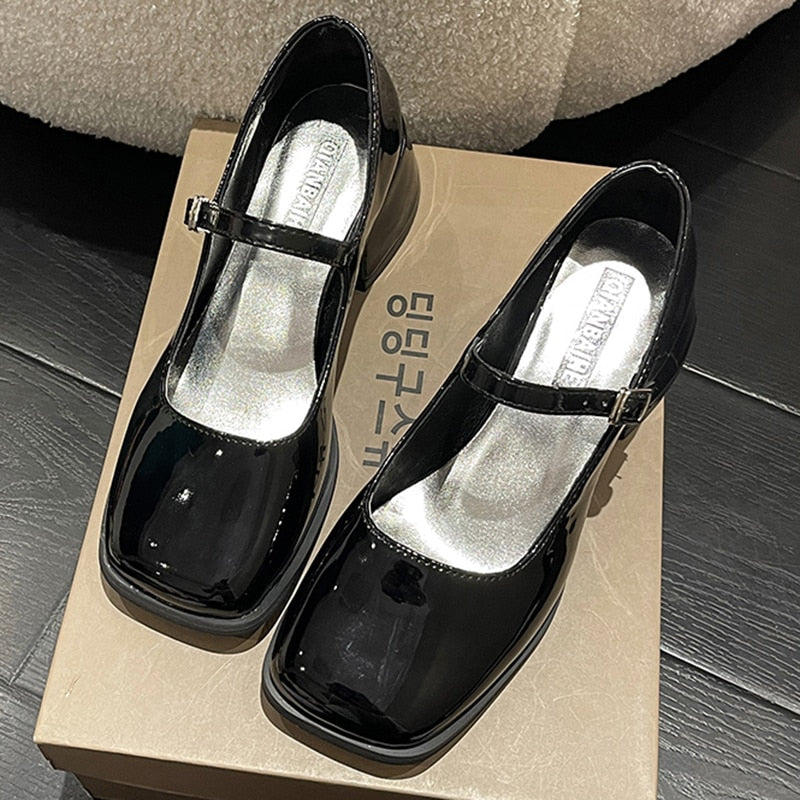 Rimocy Silver Thick Heels Mary Jane Shoes Women Buckle Strap Square Toe Pumps Woman Med Heele Patent Leather Shoes Female