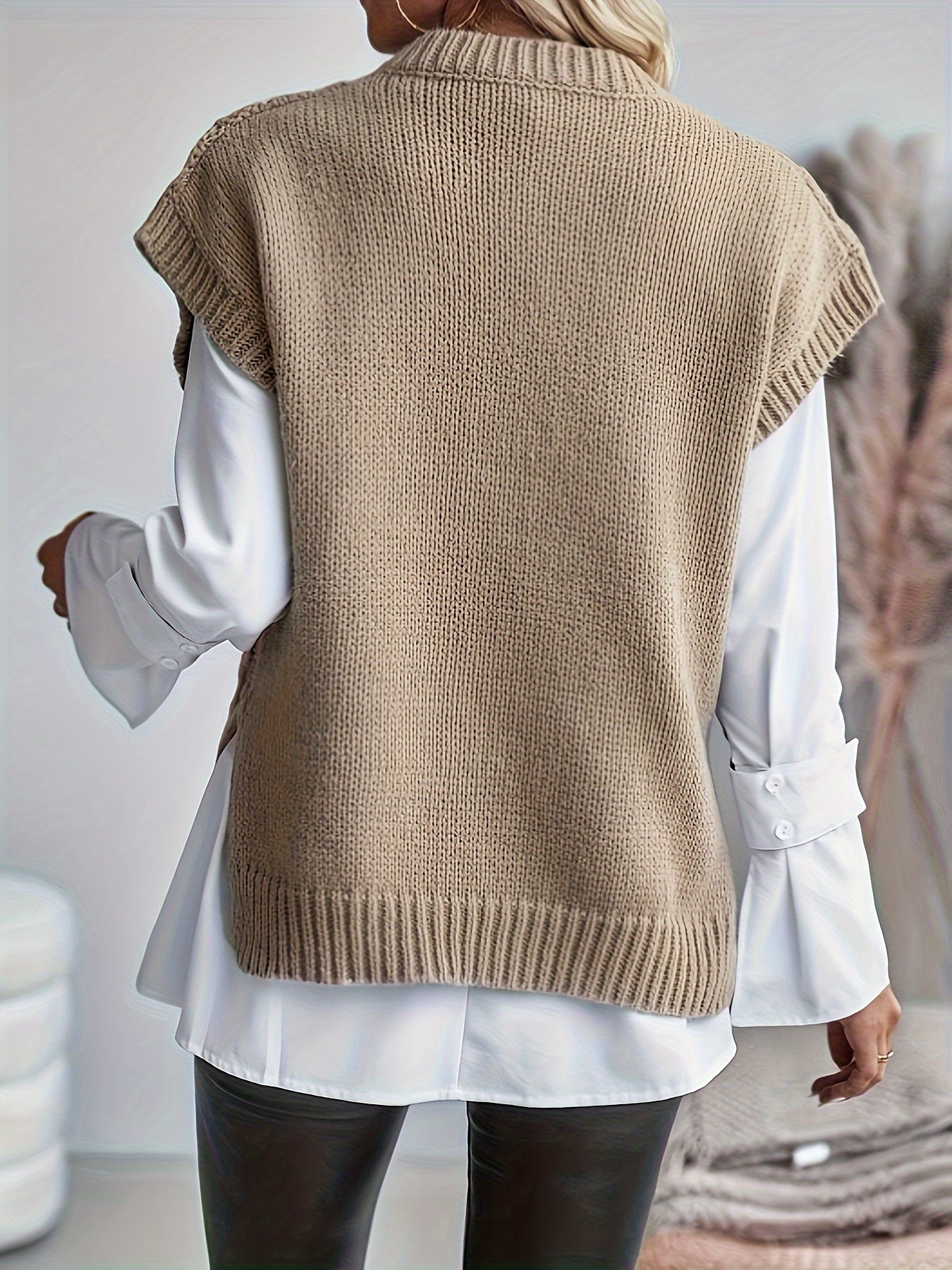 Plus Size Twist Textured Sweater Vest - Casual, Side Split, Crew Neck, Knitted, Soft, Cozy, and Chic Women's Clothing for Everyday Wear