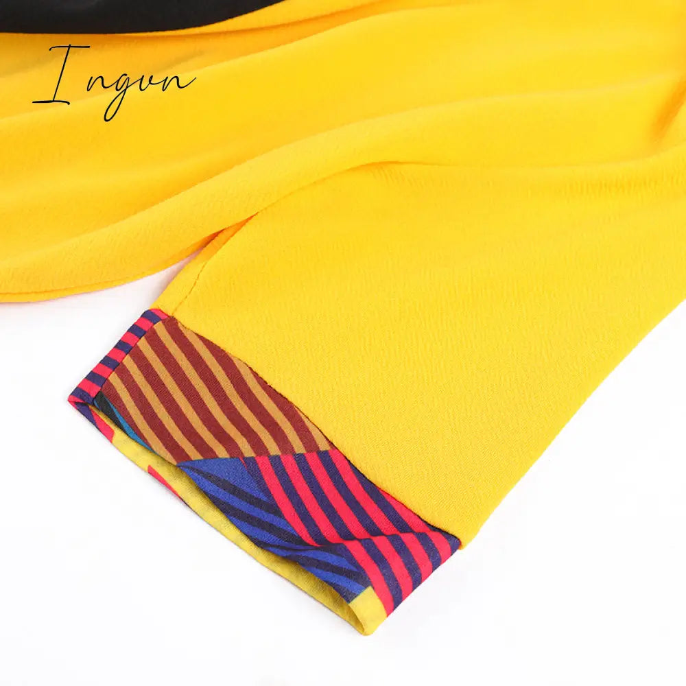 Ingvn - Ladies Fashion Half Sleeve Dress Women Elegant Round Collar Geometric Printing Splicing Temperament Maxi Dress For Ball Party