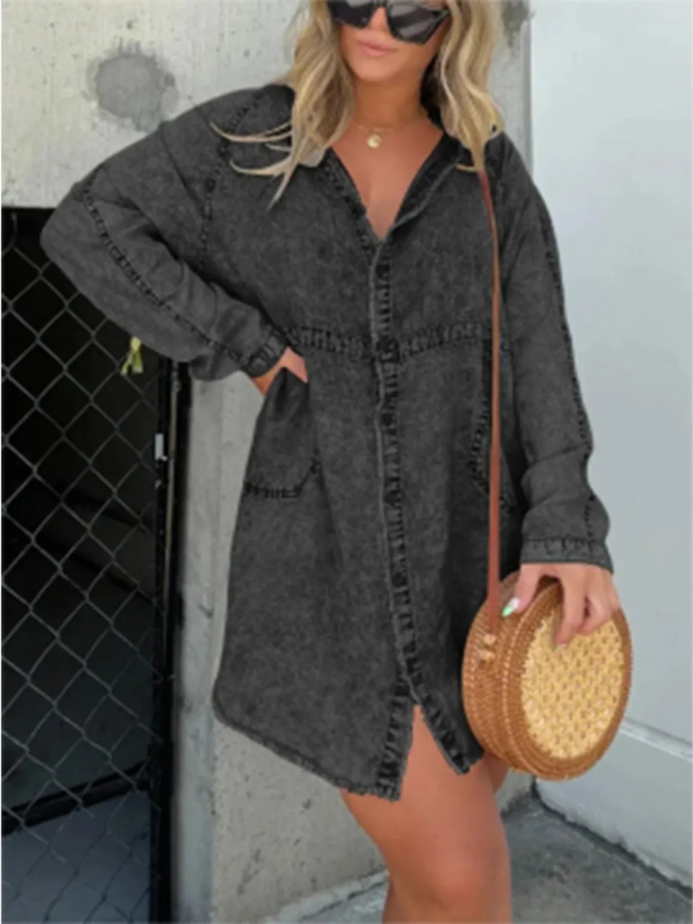 Full Size Button-Front Long Sleeve Denim Shirt Dress Plus Size