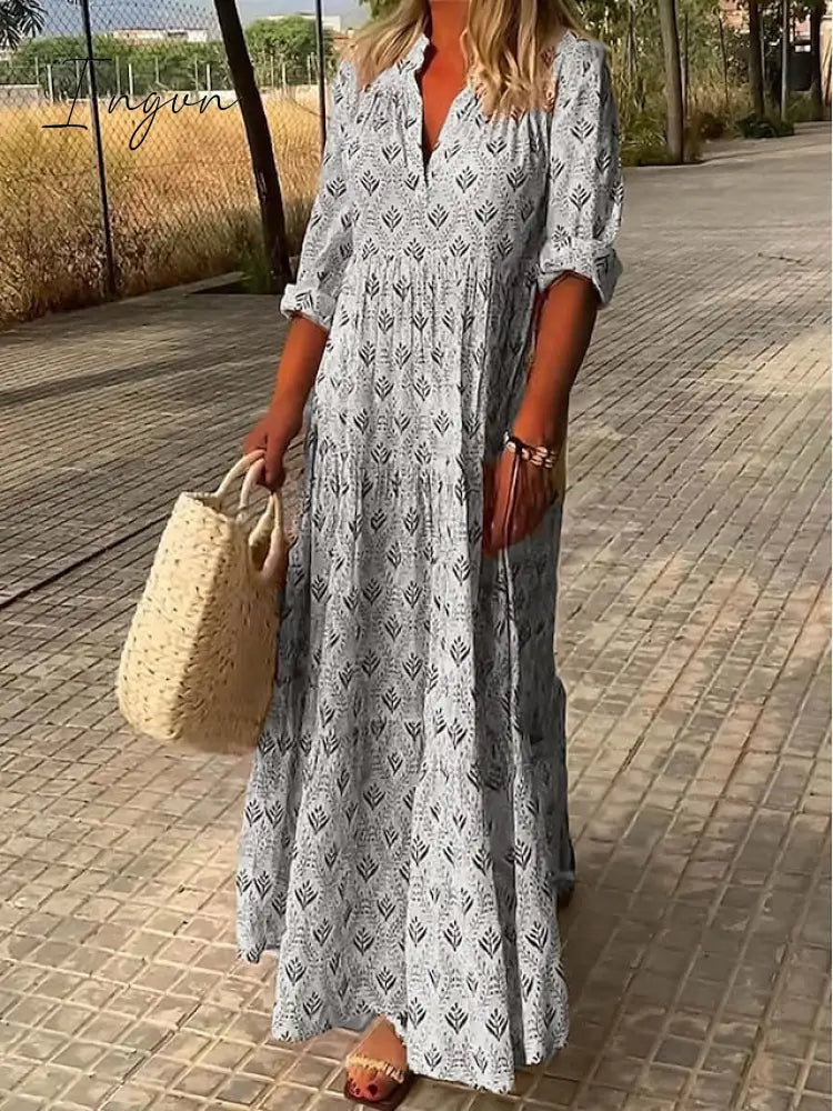 Ingvn - Women's Long Dress Maxi Dress Casual Dress Summer Dress Print Dress Geometric Fashion Streetwear Outdoor Date Vacation Print 3/4 Length Sleeve V Neck Dress Regular Fit Pink Blue Green Summer Spring S