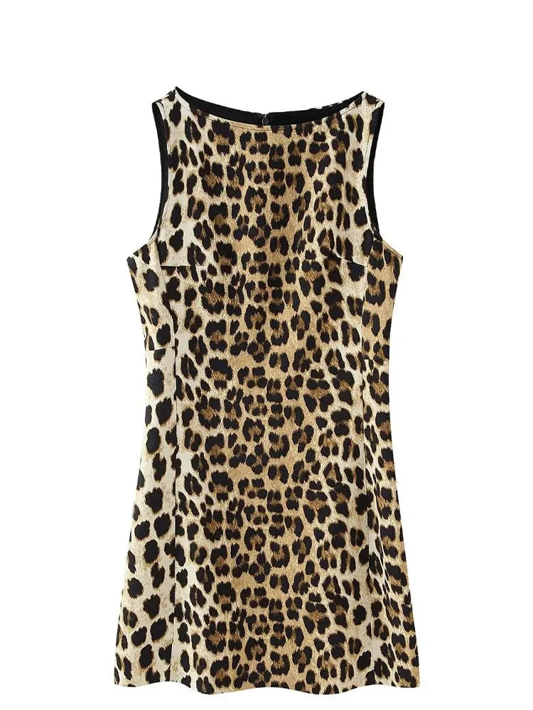 Woman Summer Fashion Leopard Print Sexy Mini Dress Vintage Women Sleeveless Zipper Folds Holiday Party Dresses Mujer