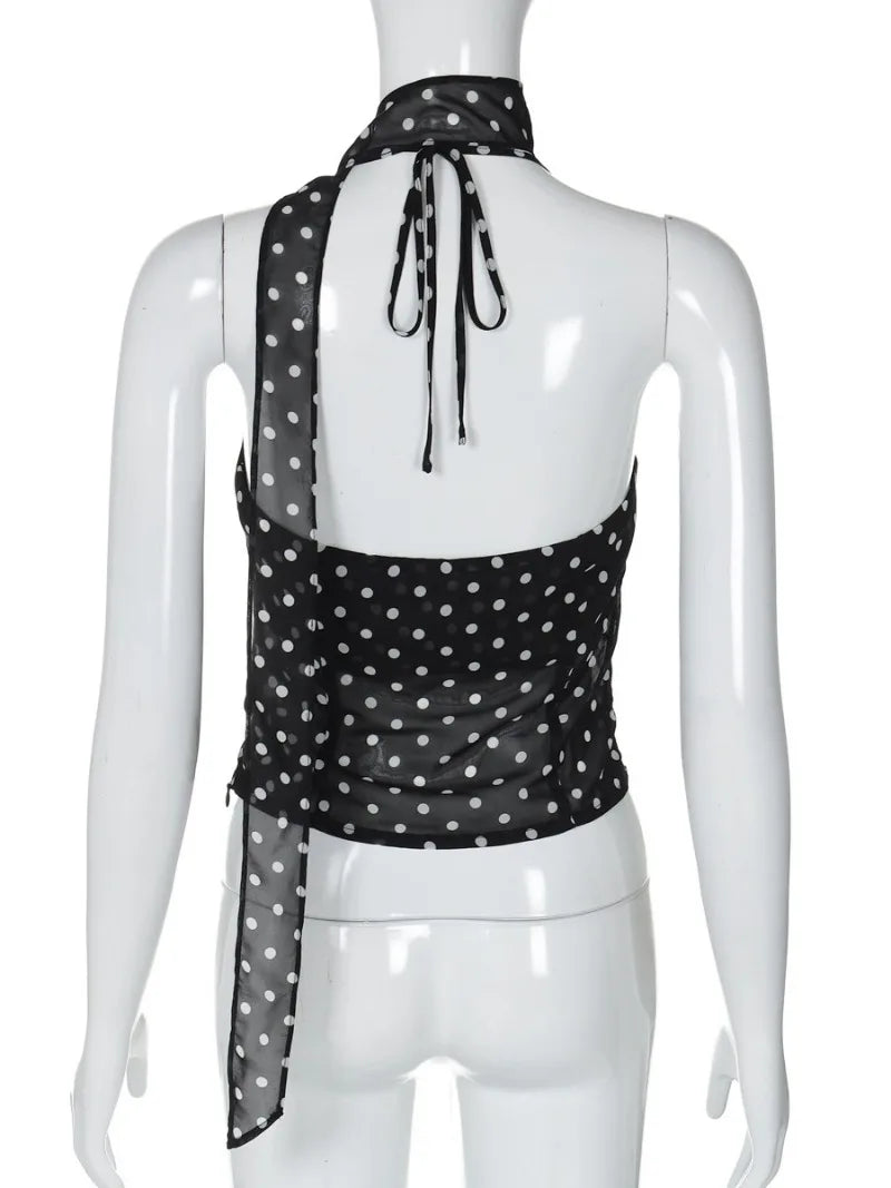 Ingvn  Summer Bandage Halter Neck Ruffles Camisoles Black Streetwear Woman Clothing Corset Dot Printed Backless Lace-up Crop Tops