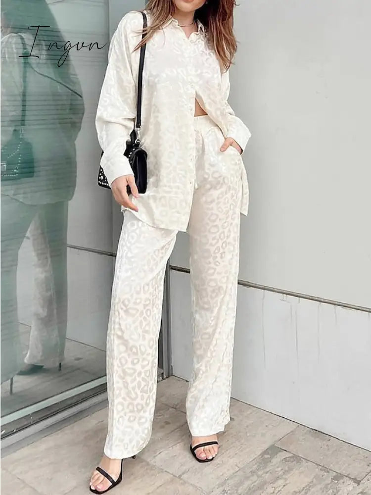 Ingvn - Women's Shirt Pants Sets Black White Red Leopard Print Long Sleeve Casual Daily Fashion Shirt Collar Regular Fit Spring &  Fall