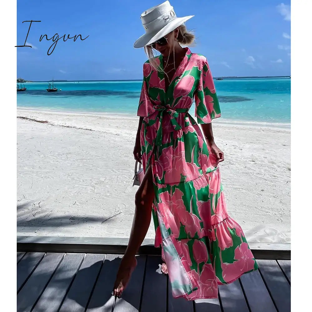 Ingvn - 2023 Swimsuit Cover Up Kaftan Tunic Dress Print Chiffon Pareo Kimono Summer Women Beachwear Beach Cover-up Cardigan Outfits
