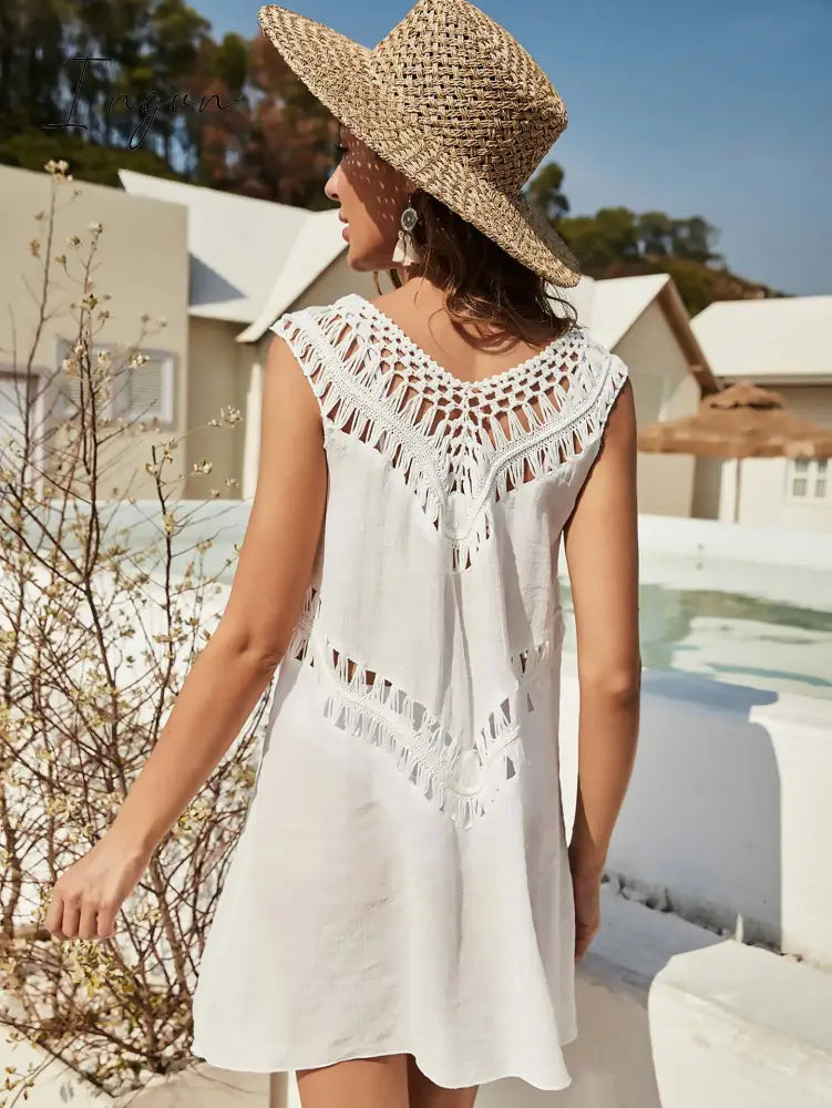 Ingvn - Beach Dress Tunic Cover Ups for Women Swimwear Pareo Up Outfits Swim Cover-ups Summer 2023 Women's White Knitted Dresses Sarong