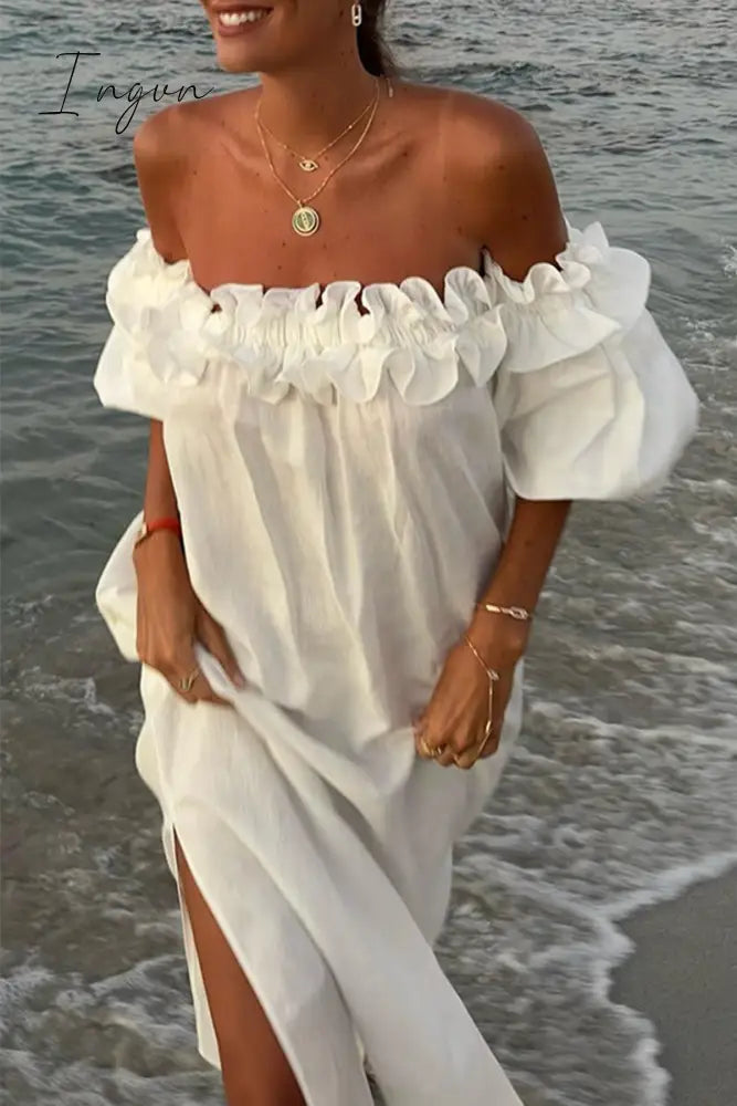 Ingvn - Sexy Solid Slit Fold Off the Shoulder Beach Dresses