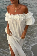 Ingvn - Sexy Solid Slit Fold Off the Shoulder Beach Dresses