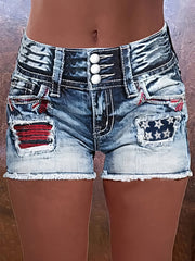 Women's High-stretch Single-breasted American Flag Patchwork Raw Hem Distressed Independence Day Outfit 4th Of July Embroidered Ripped Denim Shorts