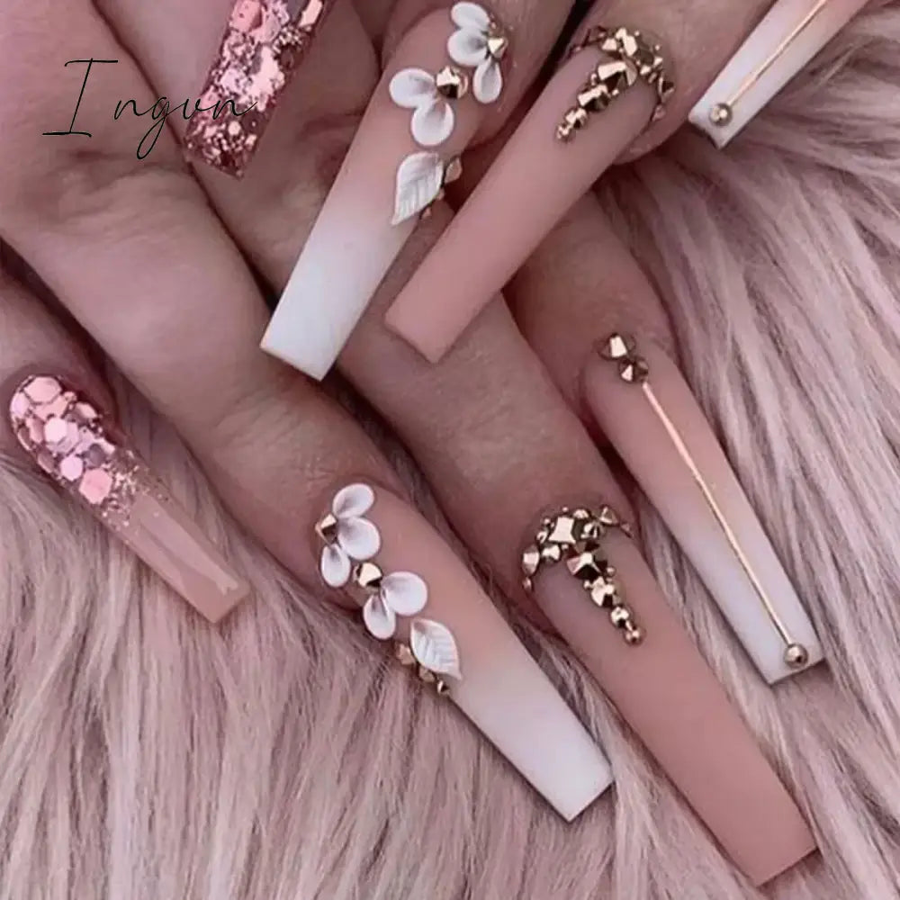 24pcs French rhinstones artifical nails with glue full cover false nails detachable coffin fake nail bling press on nails