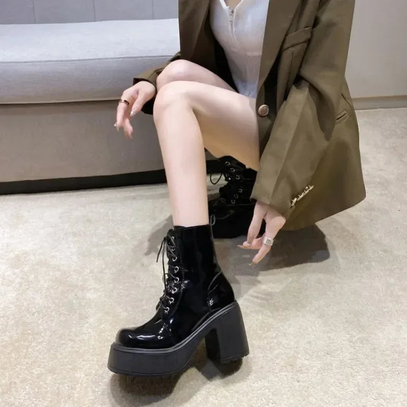 Spring Autumn Women Ankle Boots Waterproof Platform Lace Up Thick Heel Short Boots Fashion 9cm High Heel Leather Botas for Women