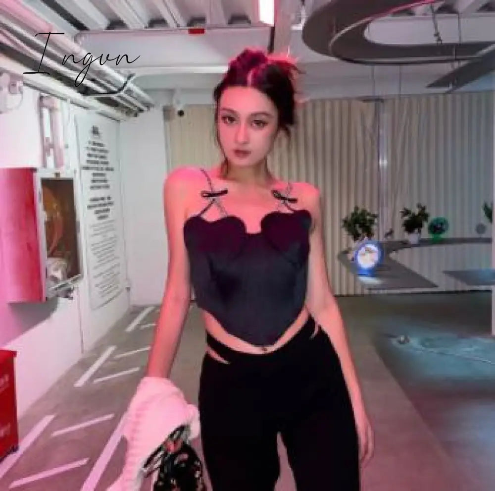 Ingvn - 2023 Summer Sexy Patchwork Diamond Vest For Women V Neck Sleeveless Black Tank Tops Female Summer Fashion New Clothing
