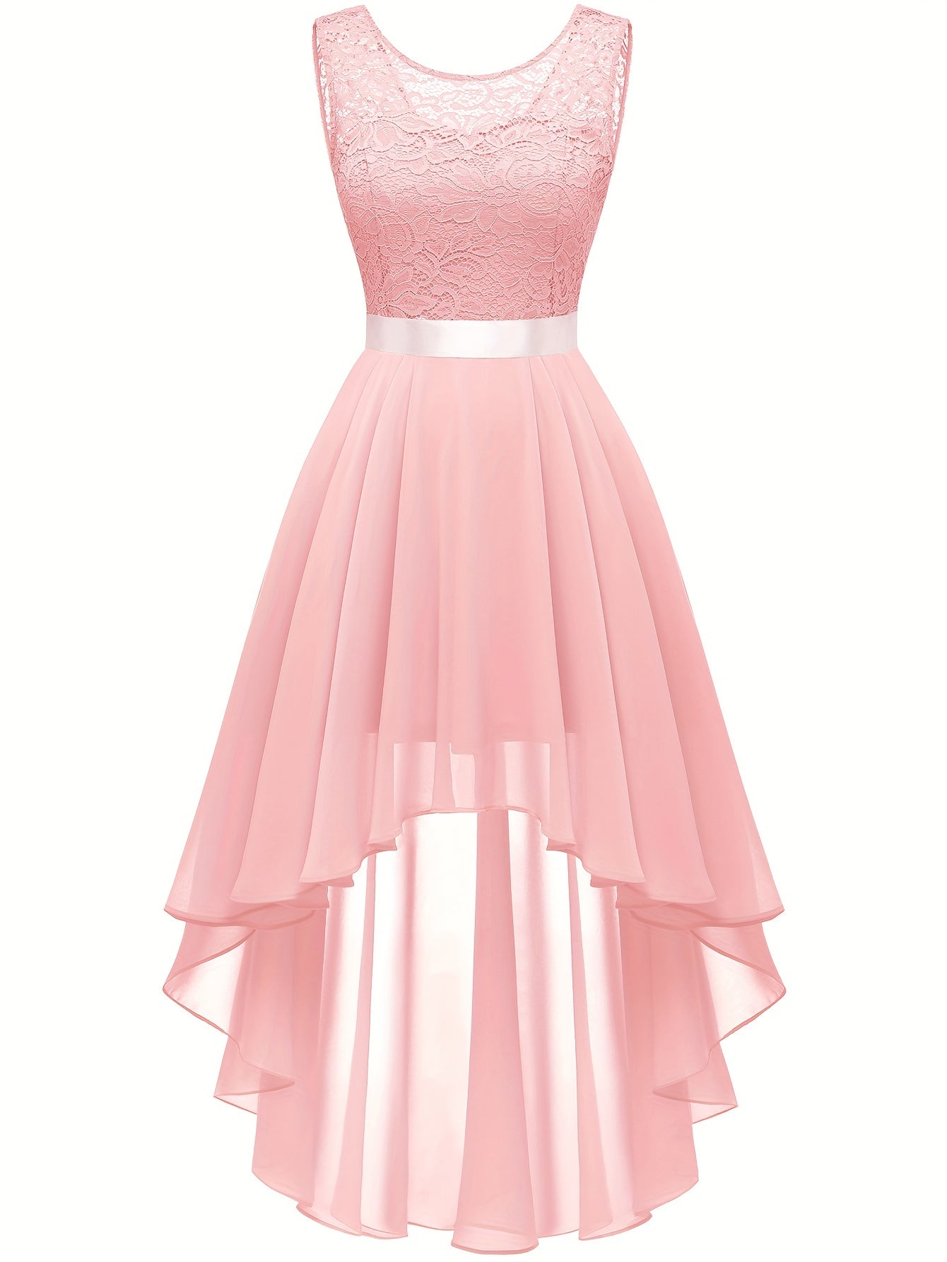 Contrast Lace Asymmetric Hem Wedding Dress, Elegant Solid Bow Waist Tank Dress For Party & Banquet, Homecoming Dress, Women's Clothing