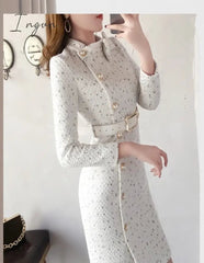 Ingvn - New Arrival Autumn And Winter Runway Women Elegant Tweed Dress Bow Collar Long Sleeve Female Fashion Chic Vestidos