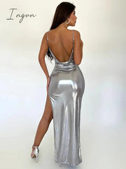 Ingvn - Spaghetti Strap Backless Split Maxi Dress Women Summer New Sleeveless Bodycon Ruched Sexy Party Club Long Dress