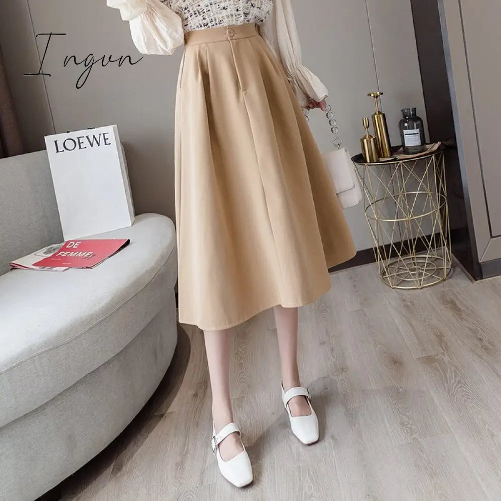 Ingvn - New Spring Summer High Waist Midi Skirt Women Casual Pocket Solid Color Loose A-Line Umbrella Skirt Female Petticoat