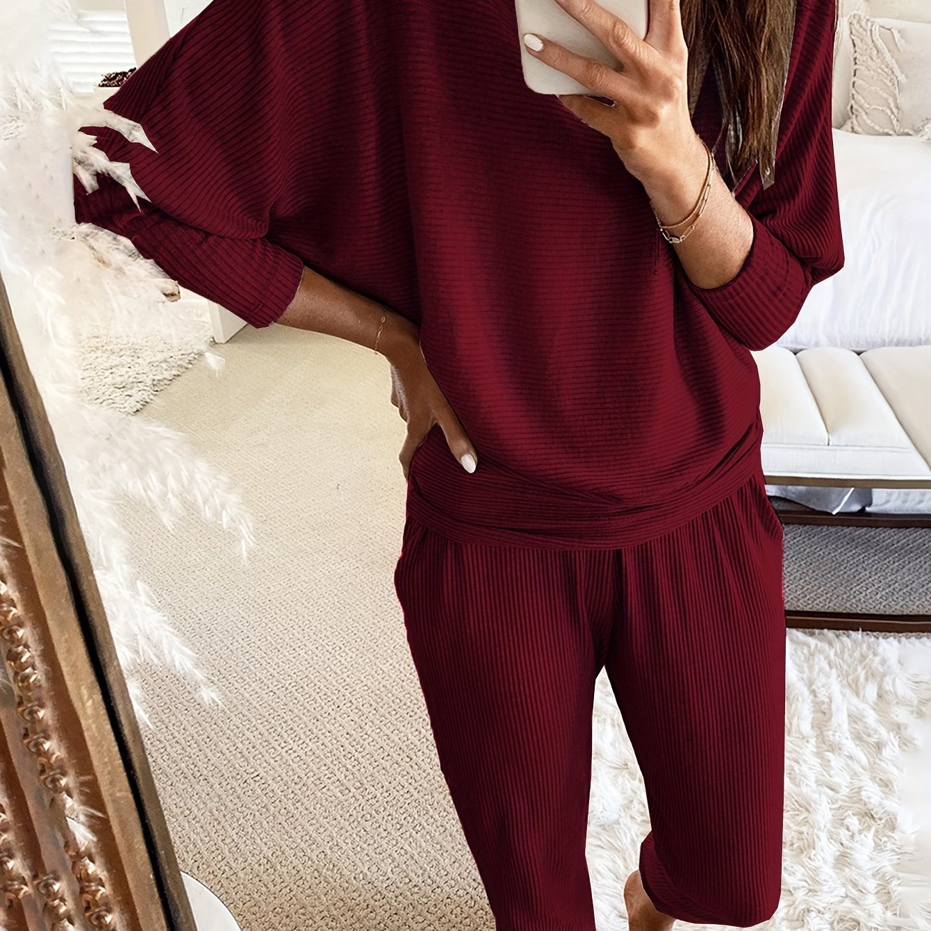 Cozy Womens Ribbed Lounge Set - Soft High-Elasticity Polyester, Crew Neck, Batwing Sleeve, Relaxed Fit, Pockets, Machine Washable, Perfect for Fall and Winter Season