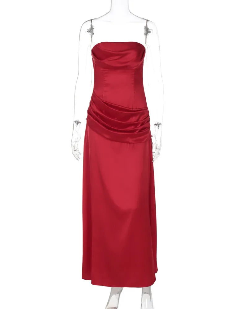 Elegant Off-shoulder Sexy Maxi Dress Women Fashion Strapless Sleeveless Backless Ruched Bodycon Club Long Dress New