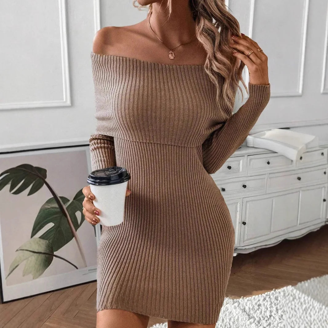 Women's New Spliced Fashionable Solid Color Slim Fit Casual Long Sleeved Knitted One-piece Collar Dress