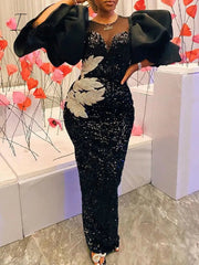 Ingvn - Womens Fashion Women Black Long Dress Sequined Shiny Glitter Embroidered Chest Wrapped Puff Sleeve Classy Winter Fall Party Celebrity Birthday