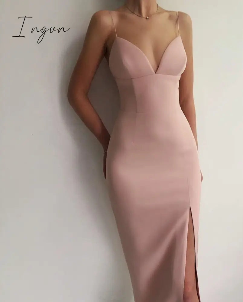 Ingvn - RO New Summer Women White Bodycon Bandage Sexy V Neck Spaghetti Strap Club Celebrity Evening Runway Party Long Dresses For Women
