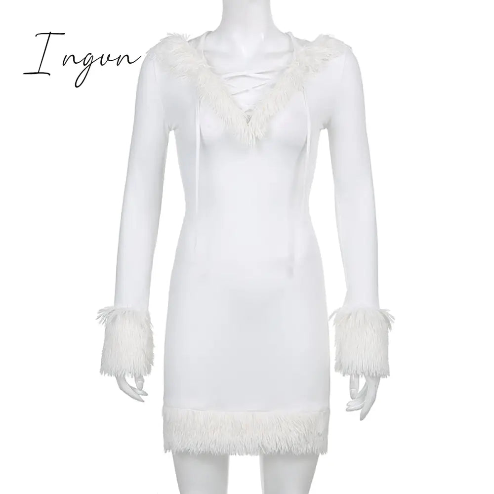 Ingvn - Furry Long Sleeve Hooded Bodycon Mini Dresses Women White V Neck Fuzzy Dress Skinny Christmas Party Streetwear Winter