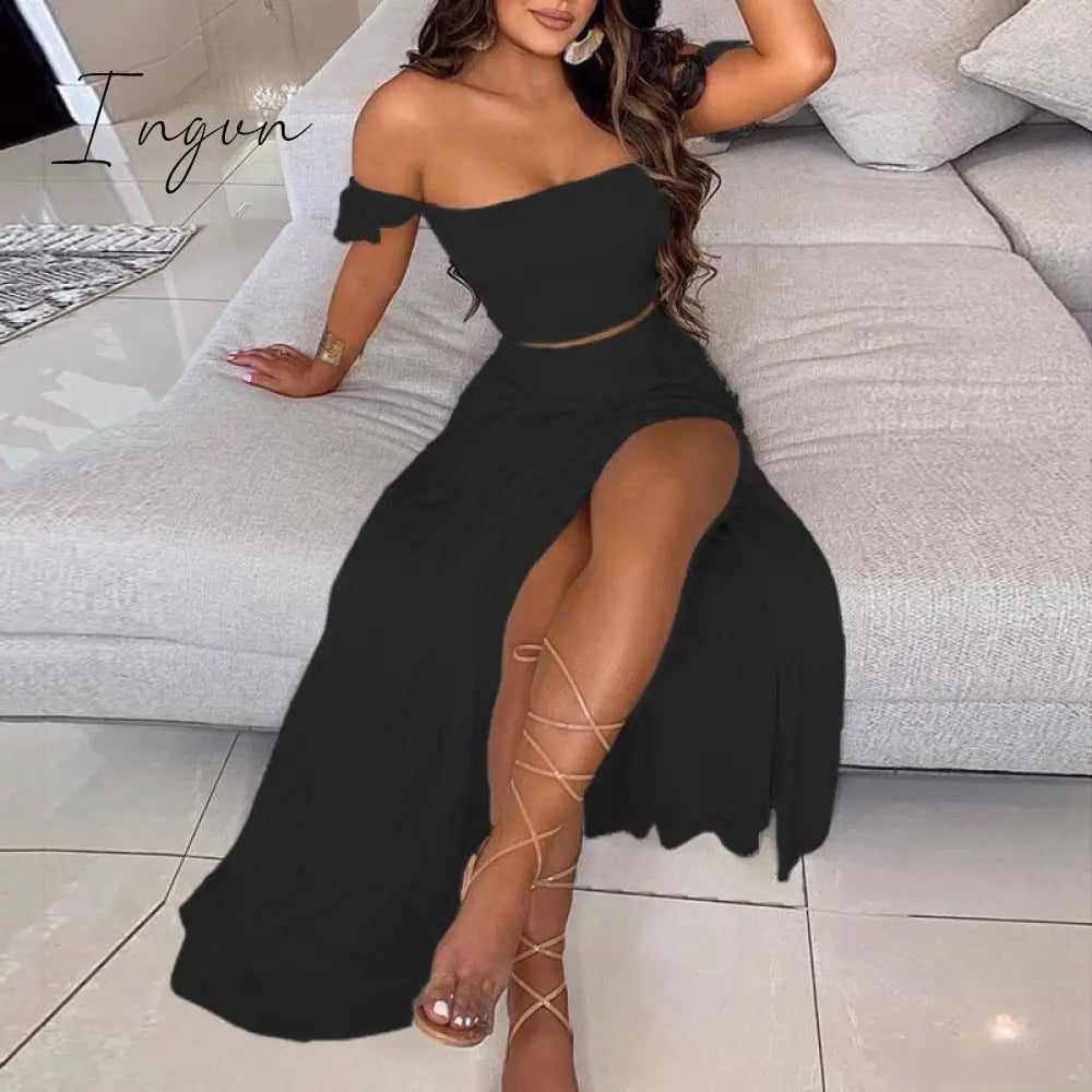 Ingvn - Off Shoulder Women Two Piece Set Sexy Slash Neck Top and Slit Summer Long Party Dress Suits Spring Floral Print Skirts Sets